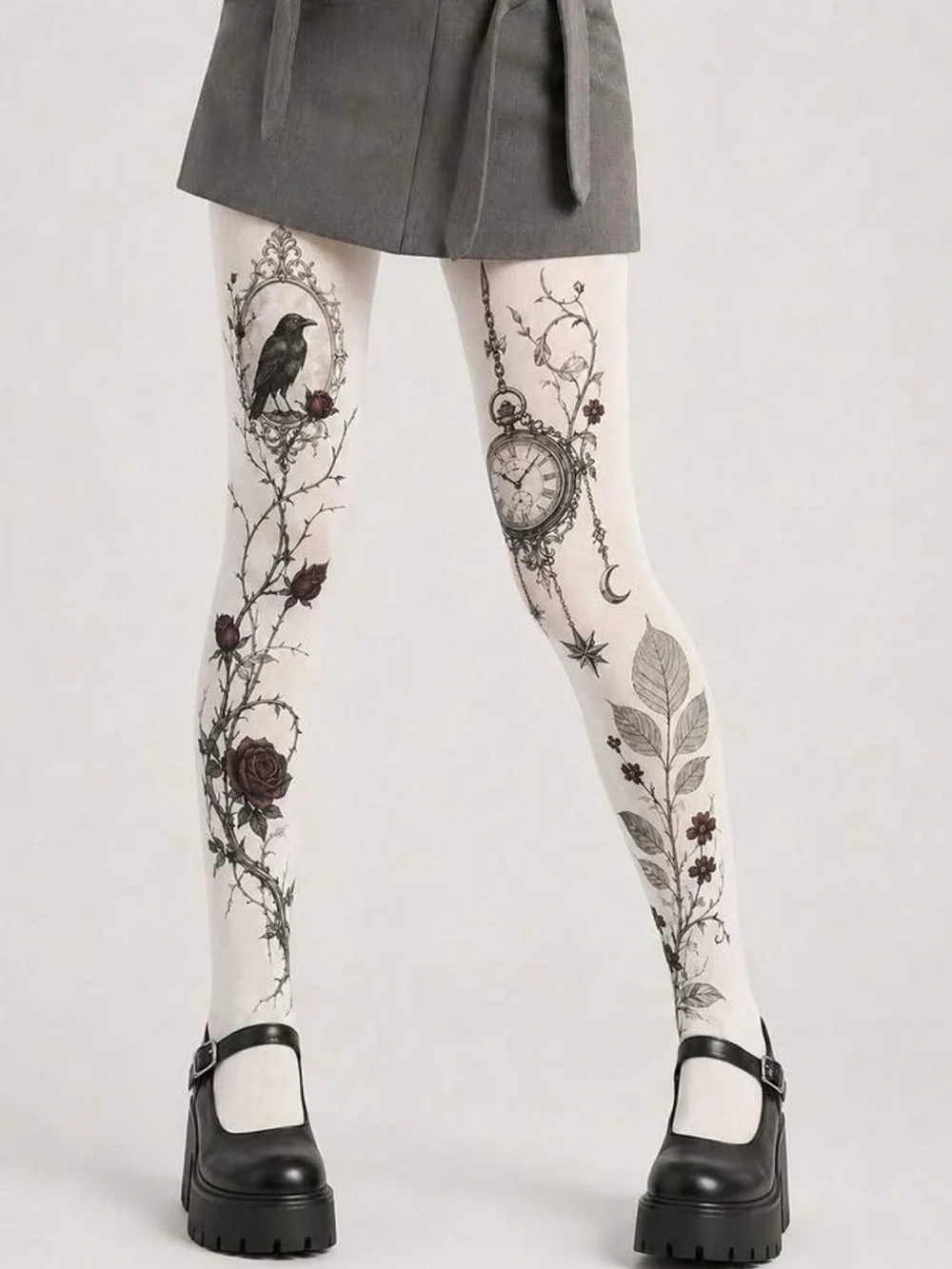 Women's White Velvet Crow & Pocket Watch Print Tights - Gothic Rose Vine